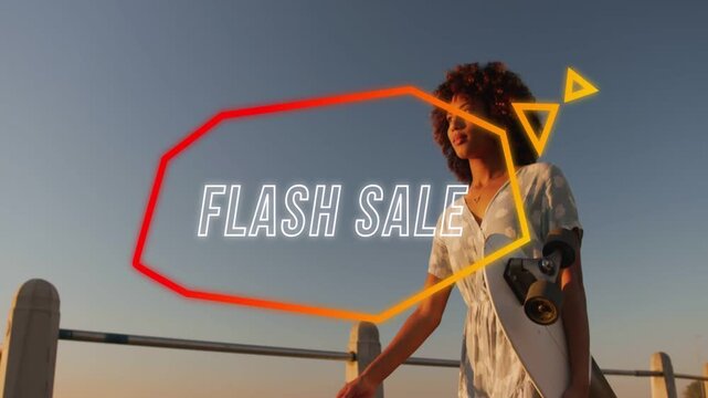 Vertical video: Woman walking seaside with board while FLASH SALE promo animating overlaying fading