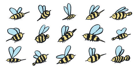 Fototapeta premium Set of hand drawn happy funny cute honey bee clipart Adorable flying striped insect friendly kawaii bumble bee For kids print, web, design, decor, logo