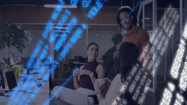 Vertical video: Seated woman showing phone, starting finance chat for data review, tickers linking