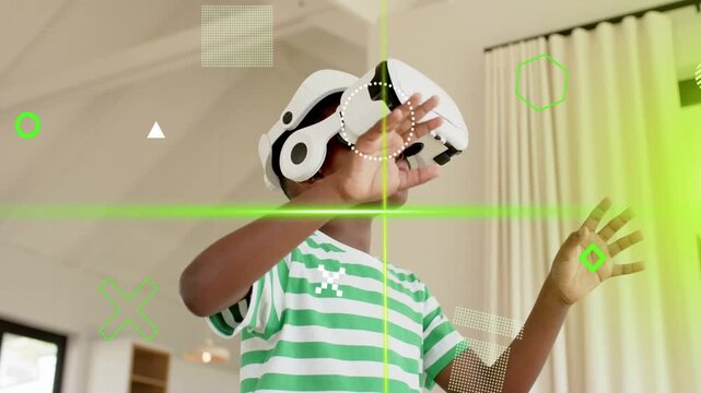 Headset activating child wearing VR headset reaching as green HUD following hands for education