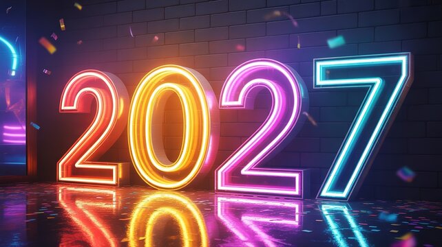 Vibrant Rainbow Neon 2027 New Year Display with Floating Confetti Glossy Reflective Floor Dark Brick Wall Backdrop for Festive Party Invitations Promotional Designs