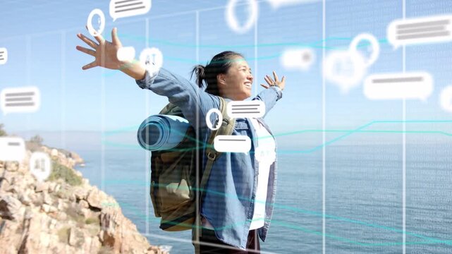 Woman hiker celebrating summit, grid lines appearing and AI chat bubbles flooding frame near her