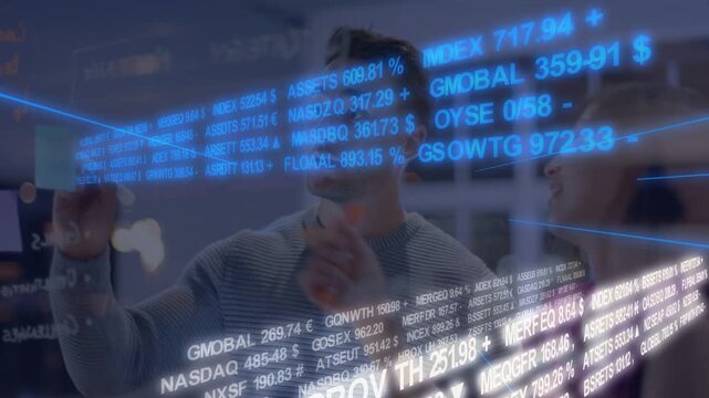 Woman extending note, man pointing as curved ticker scrolling and obscuring them, analyzing stocks