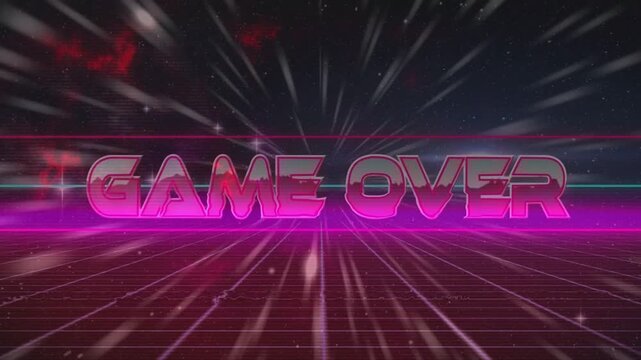 3D neon GAME OVER text emerging from vanishing point, rotating, snapping, signaling game finale