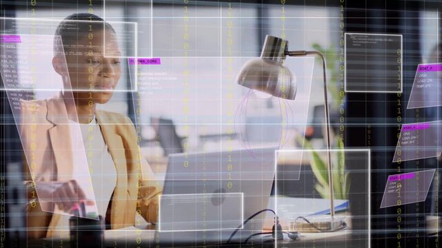 Woman tapping laptop after handling cylinder, generating HUD code panels framing face for tech demo