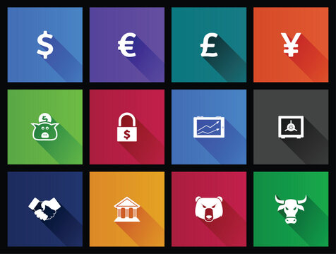 Finance icon series in long shadows color style