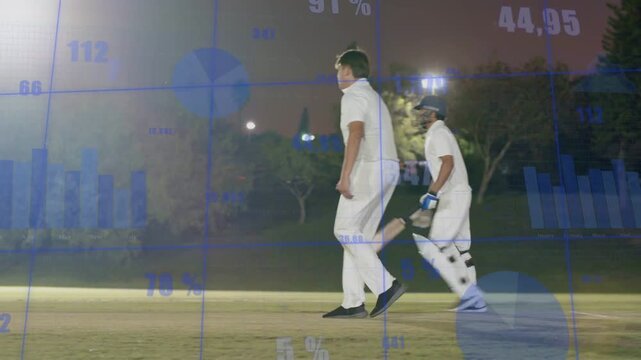 Cricket bowler running up, bowling on floodlit pitch, data charts tracking ball, seeking wicket