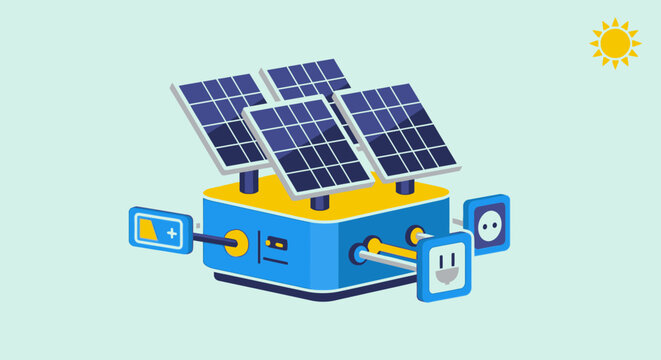 Isometric vector illustration of a solar power station with batteries and electrical outlets, symbolizing renewable energy and sustainability