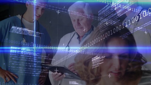 Consulting MDs in scrubs checking tablet at clinic, woman in stripes calming child in pink, overlay