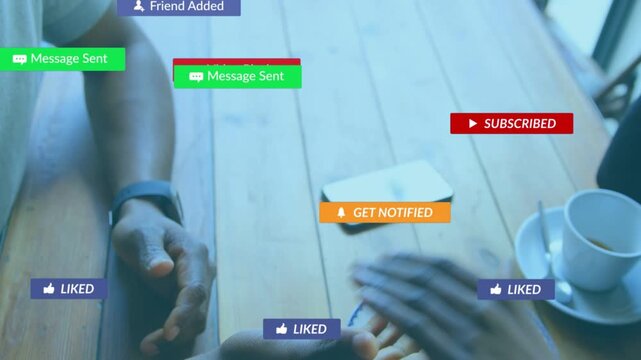 Incoming notifications appearing over smartphone, couple reaching and interlocking hands to connect
