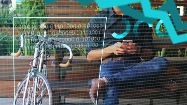Man on bench tapping phone, waveform appearing, loading AR data over man and bike, analysing data