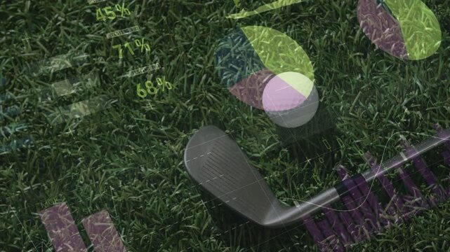 Vertical video: Golf HUD appearing over ball and club, analyzing swing data and showing charts