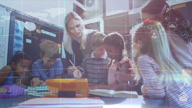 Teacher pointing by orange tablet, students sharing book and tablet, map HUD overlay guiding lesson