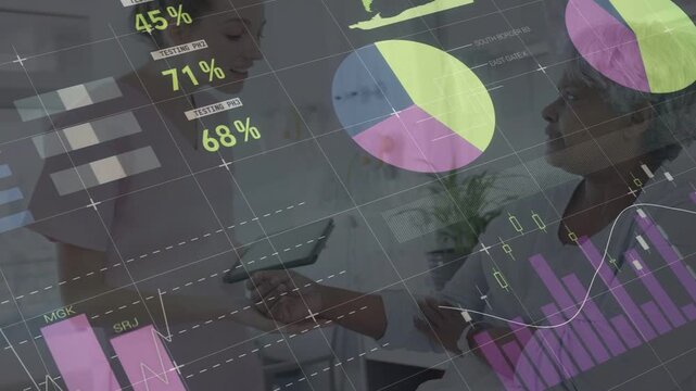 Caregiver presenting tablet, health charts shifting, showing 71% 68%, guiding senior choices