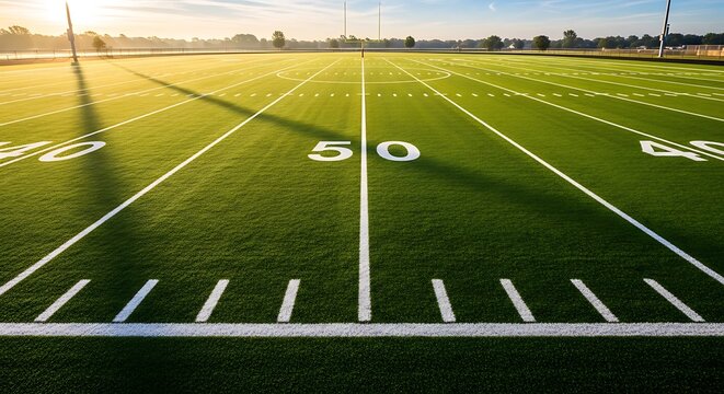 An empty American football field, with yard markings, dawn light and long shadows: a concept of sport, space and preparation for the game