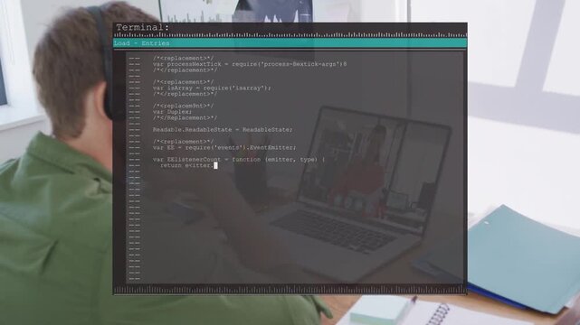 Software dev sitting at desk on remote call, terminal overlay appearing as code scrolling for debug