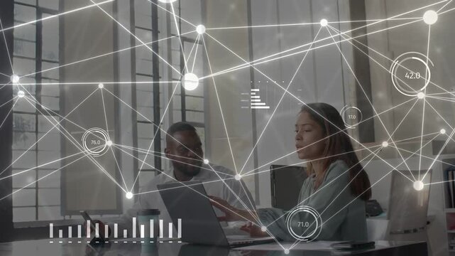 Woman typing laptop, man leaning, network HUD starting and visualizing data for business analytics