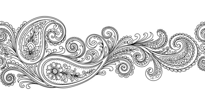 Detailed Black and White Horizontal Paisley Pattern Border with Intricate Floral Swirls on an Isolated White Background