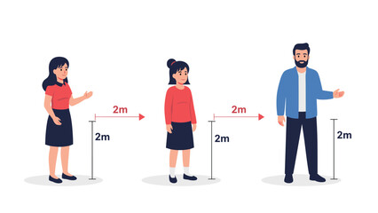 Fototapeta premium Educational infographic illustrating social distancing guidelines with characters standing at a safe two meter distance from each other.