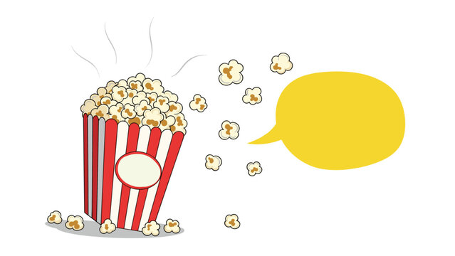 Colorful illustration of a striped box of popcorn features kernels popping out and a blank yellow speech bubble for messages.