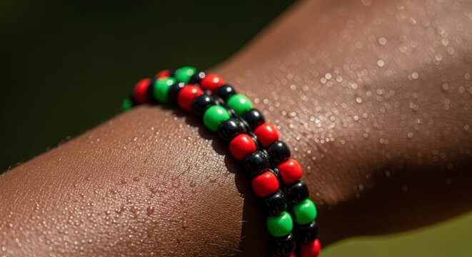 Closeup of wrist with colorful beads.