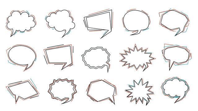 Large set of empty speech bubbles in various shapes with subtle color outlines for comic or chat design use on white.