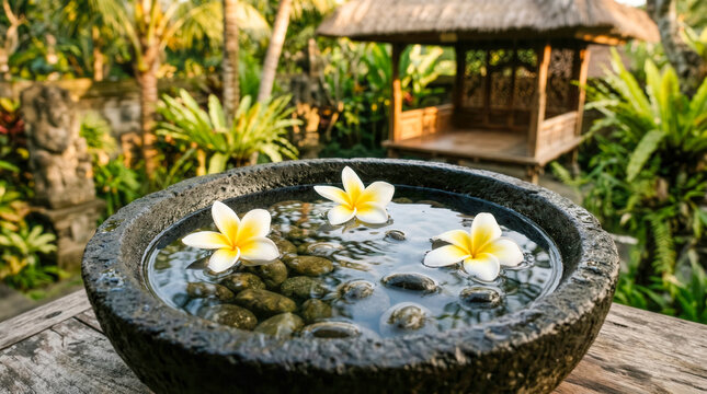 White and yellow Frangipani flowers floating in dark stone bowl of water