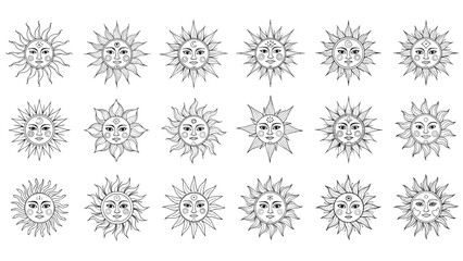 Obraz premium Various celestial sun face illustrations with mystical and esoteric symbols in a hand-drawn sketch style for bohemian design.