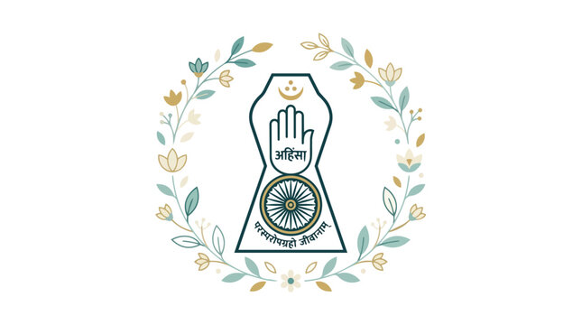 Jainism Ahimsa Symbol with Dharma Chakra and Lotus Flower Garland Emblem Representing Peace Nonviolence and Spiritual Harmony