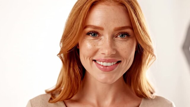 This features a calm woman with red hair smiling warmly in a serene setting. Her gentle expression and soft features create a peaceful atmosphere, making her a compelling subject for visual media and