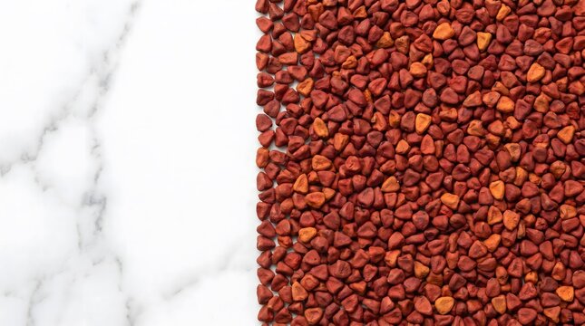 Red annatto seeds with marble background, natural spices for cooking and food food macro collection, texture background, copy space. dried herb texture