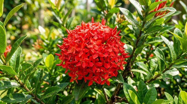 Dense cluster of bright red star shaped Ixora flowers in sunny garden
