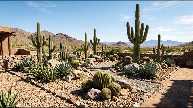 Cactus Garden Design &ndash; 6x5m Saguaro Barrel Cactus Agave Aloe Gravel Ground Cover Boulder Accents Bright Desert Sunlight