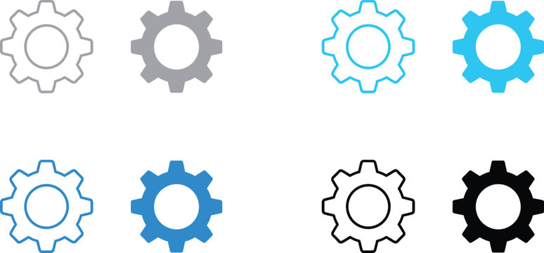 Outline and filled blue gear icons representing settings or process with software development user interface operation icon mechanism icon settings configuration mechanism industry engineering