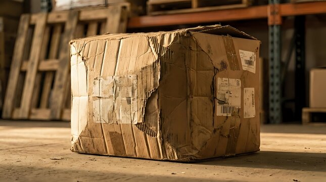 Damaged cardboard shipping box with torn packaging tape sitting on warehouse floor with wooden pallets in background for delivery and logistics concepts.