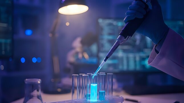 Scientist in protective gloves using pipette with glowing blue liquid in test tubes during laboratory research experiment at night.