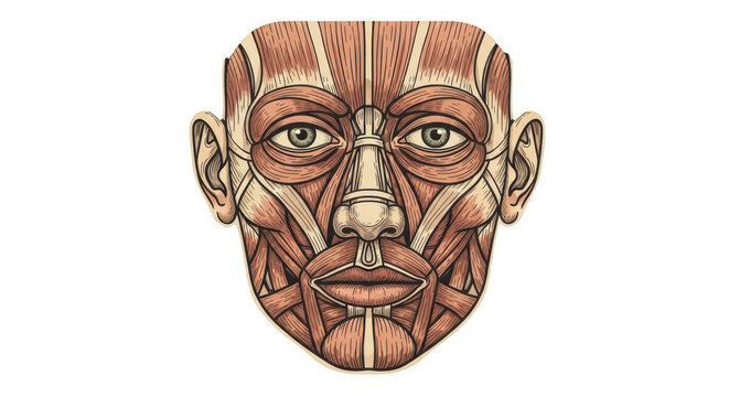 Anatomical illustration of human facial muscles isolated on transparent background