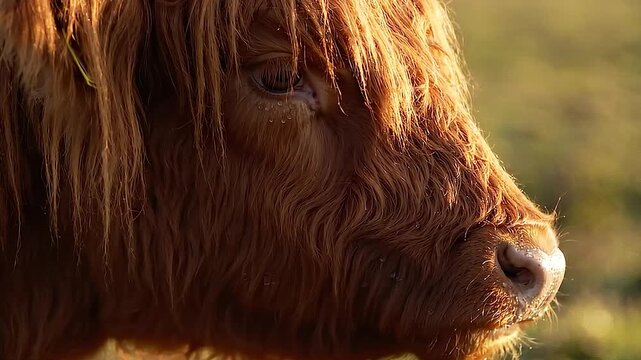 Close-up of a Highland cows face with long, shaggy brown fur in golden hour light.