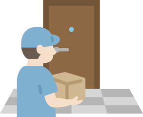 玄関先で荷物を届ける、宅配業者のアイコンのイラスト © R-DESIGN