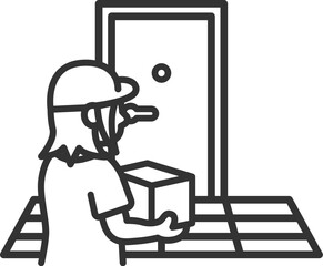 玄関先で荷物を届ける、女性の宅配業者のアイコン（線画）のイラスト © R-DESIGN