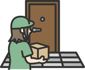 玄関先で荷物を届ける、女性の宅配業者のアイコン（線画カラー）のイラスト © R-DESIGN