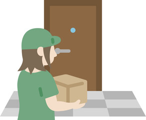 玄関先で荷物を届ける、女性の宅配業者のアイコンのイラスト © R-DESIGN