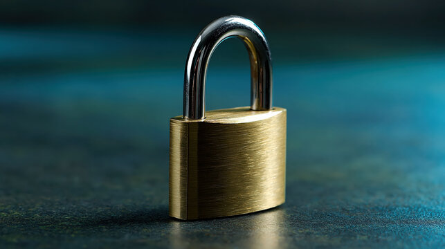 Strong golden brass padlock stands closed dark surface. It symbolizes robust security and personal protection, ensuring safety and peace of mind