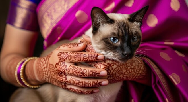 Woman holding Siamese cat in sari.