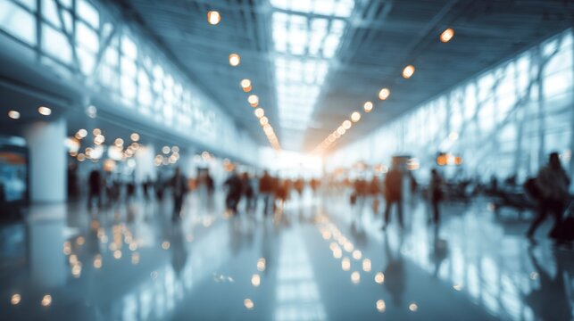 Blurred Airport Ambience: A dynamic image depicts an airport interior bustling with passengers, creating a sense of constant movement, travel, and anticipation. The soft.