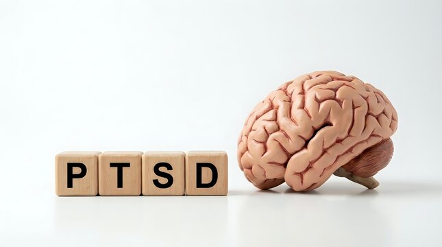 PTSD wooden blocks with human brain model on white background representing post-traumatic stress disorder mental health awareness and neurological research.