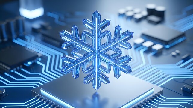 Glowing blue snowflake on computer circuit board representing winter technology, cold storage systems, or seasonal tech solutions for digital applications.