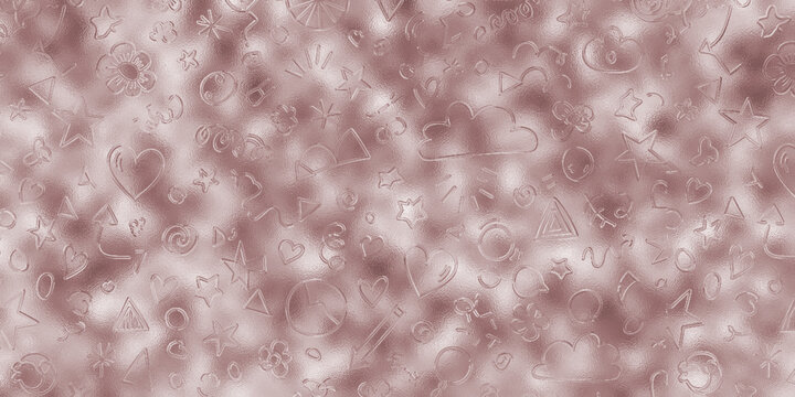 Rose gold foil texture with hand drawn doodles, hearts, stars, and clouds pattern background