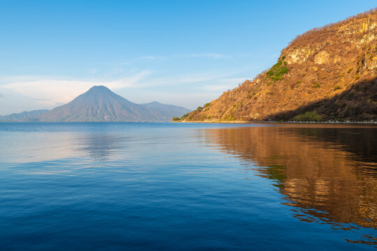 Atitlan Lake and San Pedro Volcano at sunrise, Panajachel, Guatemala.