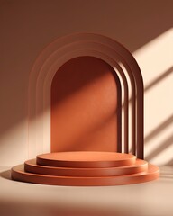 Obraz premium Geometric Elegance: A minimalist showcase with warm, earthy tones, featuring a multi-tiered circular platform set against a stylized archway, offering a serene space for display and contemplation.